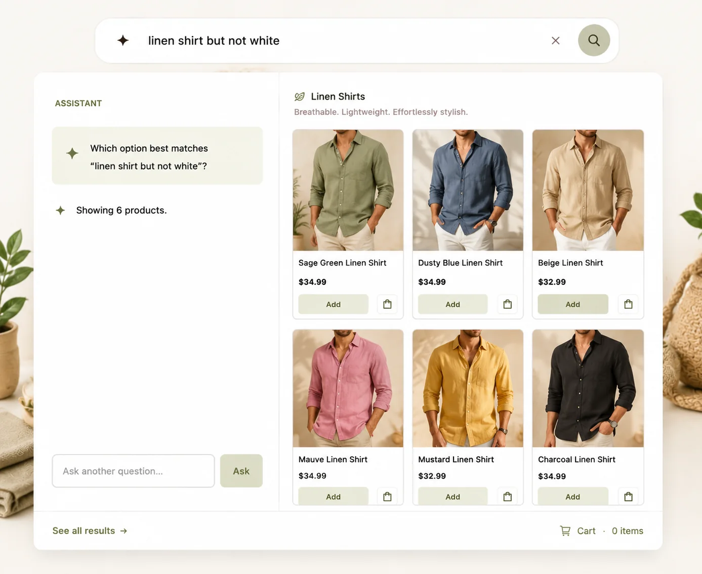 Growsearch answering “linen shirt but not white” with six linen shirts in other colours